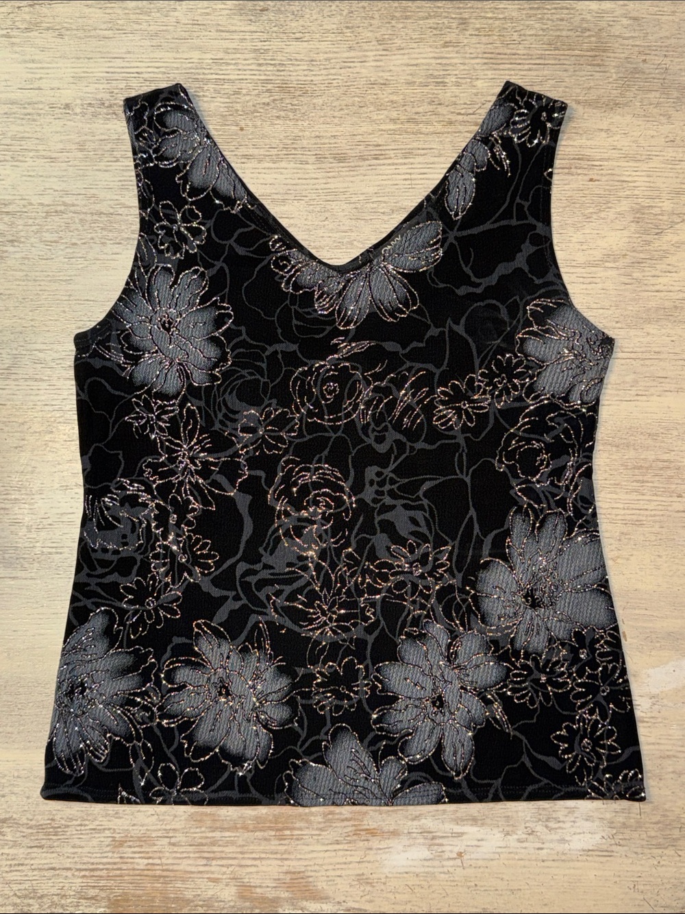 Vintage Onyx 90s Nylon Black Grey Floral Glitter Metallic Tank Top Size Medium
